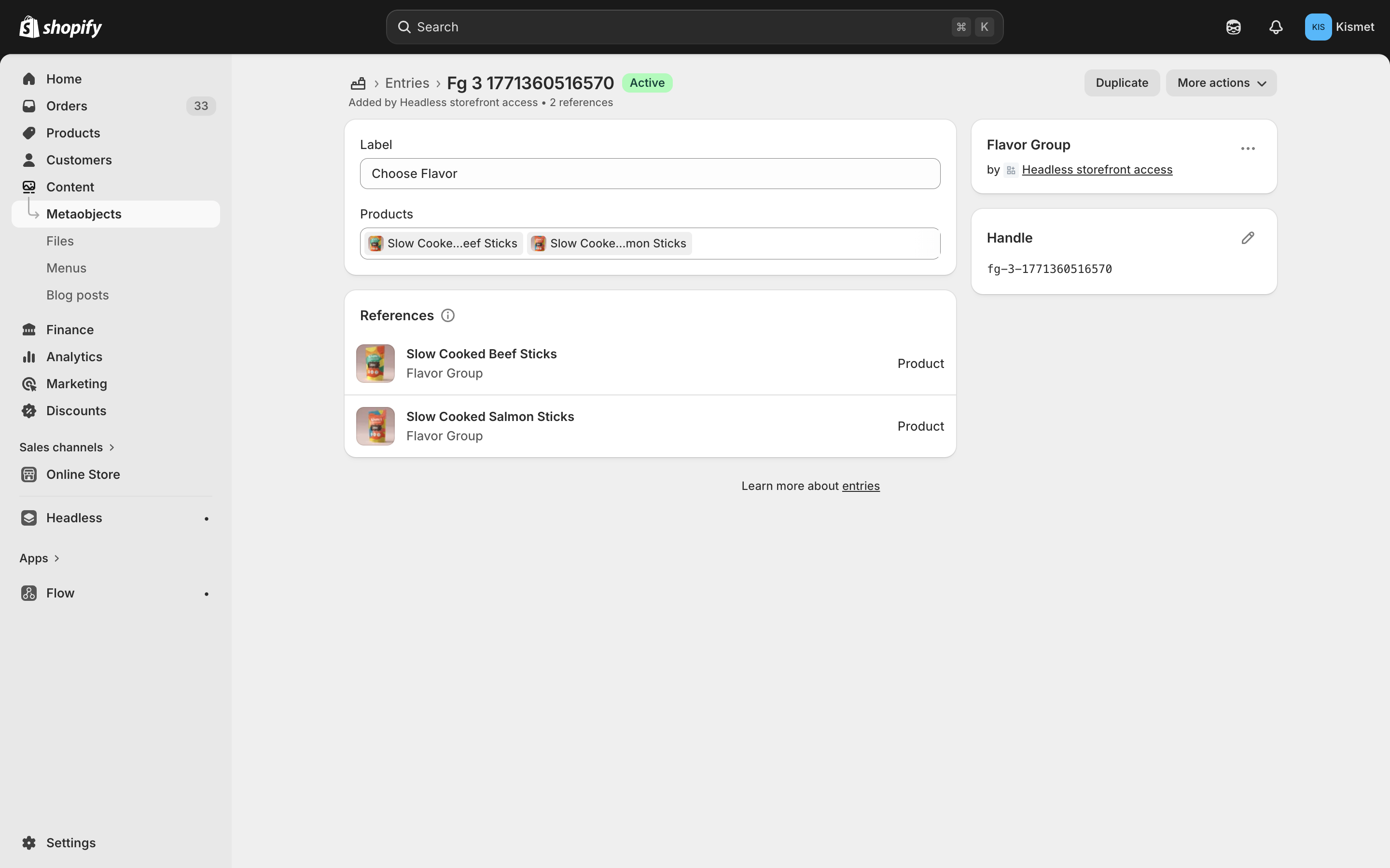 Flavor group metaobject entry